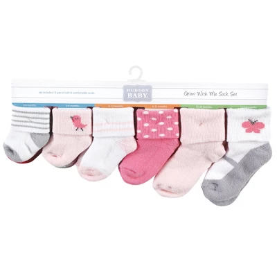 Hudson Baby Infant Girls Grow With Me Socks 12pk, Bird, 0-24 Months