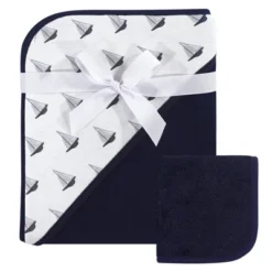 Hudson Baby Infant Boy Cotton Hooded Towel And Washcloth 2pc Set, Sailboat, One Size