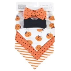 Hudson Baby Infant Girl Cotton Bib And Headband Set 5pk, Girl Pumpkin, One Size