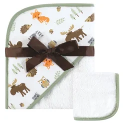 Hudson Baby Infant Boy Cotton Hooded Towel And Washcloth 2pc Set, Woodland, One Size