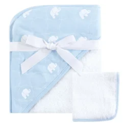 Hudson Baby Infant Boy Cotton Hooded Towel And Washcloth 2pc Set, Blue Elephant, One Size