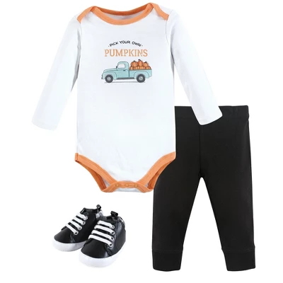 Hudson Baby Infant Boy Cotton Bodysuit, Pant And Shoe Set, Pumpkin Truck - Image 5