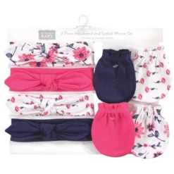 Hudson Baby Infant Girl Cotton Headband And Scratch Mitten Set, Botanical, 0-6 Months