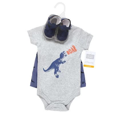Hudson Baby Infant Boy Cotton Bodysuit, Shorts And Shoe Set, Dino Roar